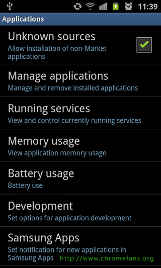 Screenshot: Root Samsung Galaxy S2 GT i9100, Enable Unknown sources