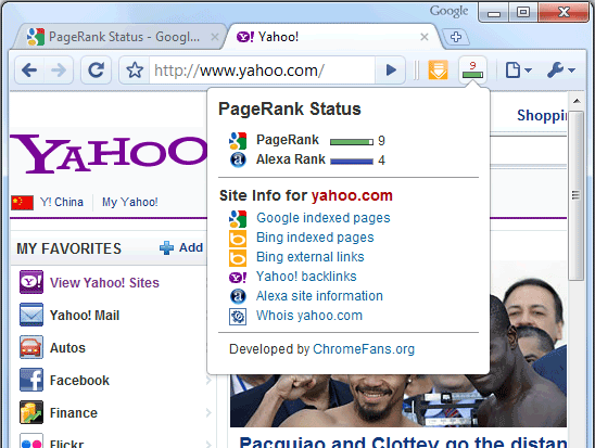 The screenshot of  PageRanks Status Extension for Google Chrome