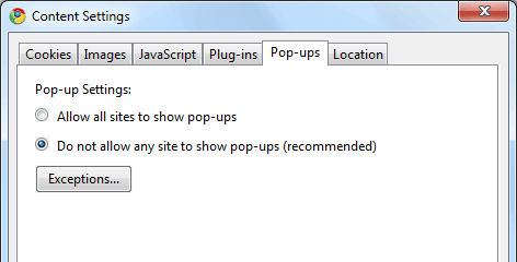 Screenshot: How to block pop-up page in Google Chrome