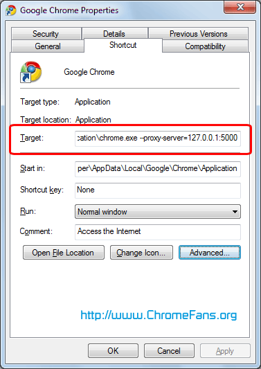 Screenshot: Set a proxy in Google Chrome separately and not using Internet Explorer settings
