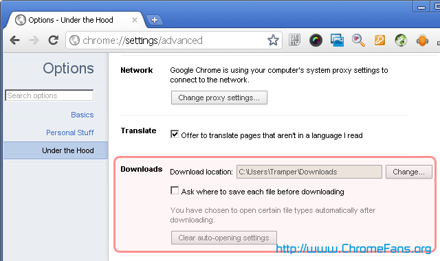 Screenshot: Change the default download location in Google Chrome