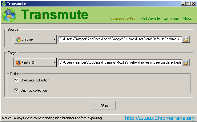 Screenshot: Use Transmute to sync the bookmarks