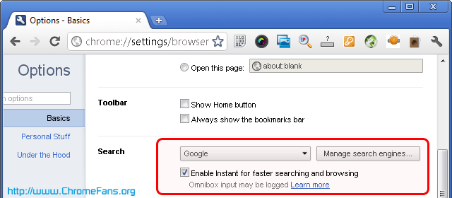 Screenshot: Enable instant for faster searching and browsing in Google Chrome
