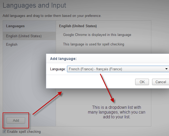 Screenshot: Add Language in Chrome browser