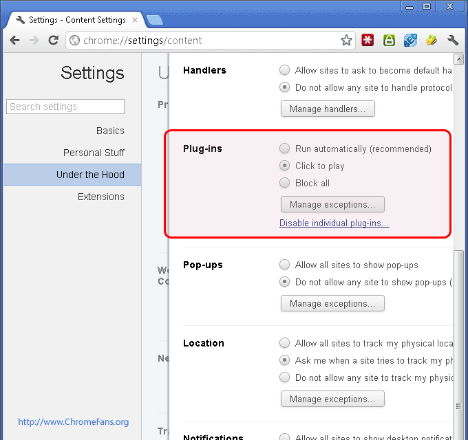 Screenshot: Enable Click-to-play option to block the flash in Chrome
