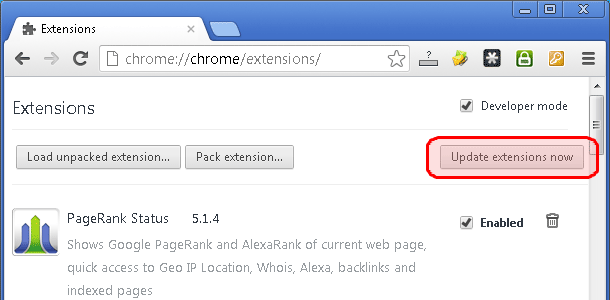 Manually update chrome extensions: Click Update extension now button