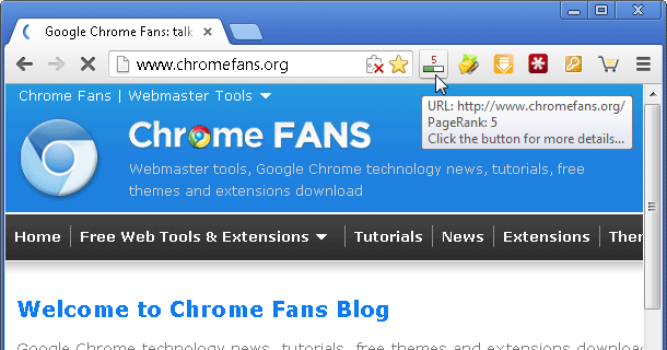Screenshot: Click the PageRank Status button on Google Chrome