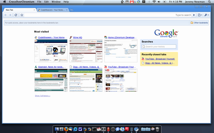 The screenshot: CrossOver Chromium on Mac OS X