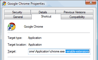 Right click the Chrome shortcut icon, and then add -enable-extensions in the Target field