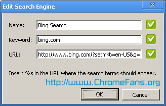 Google Chrome Options: Add bing Search Engine